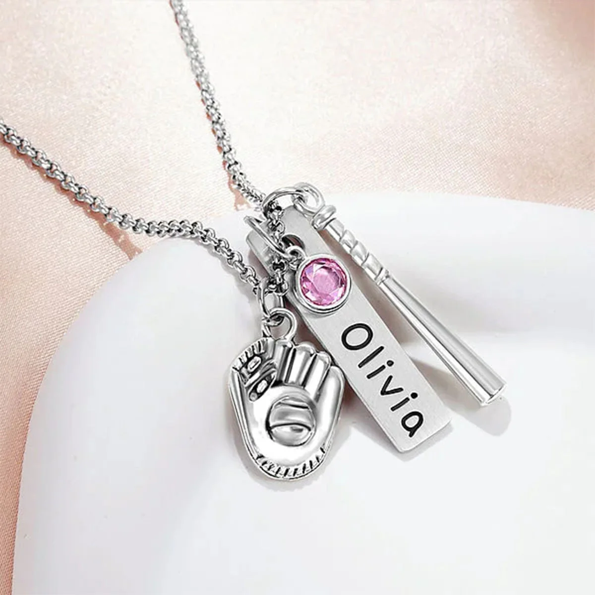 Personalized Birthstone Softball Baseball Bat Glove Necklace with Engraved Name Game Day Team Birthday Gift for Sports Lover - Image 8