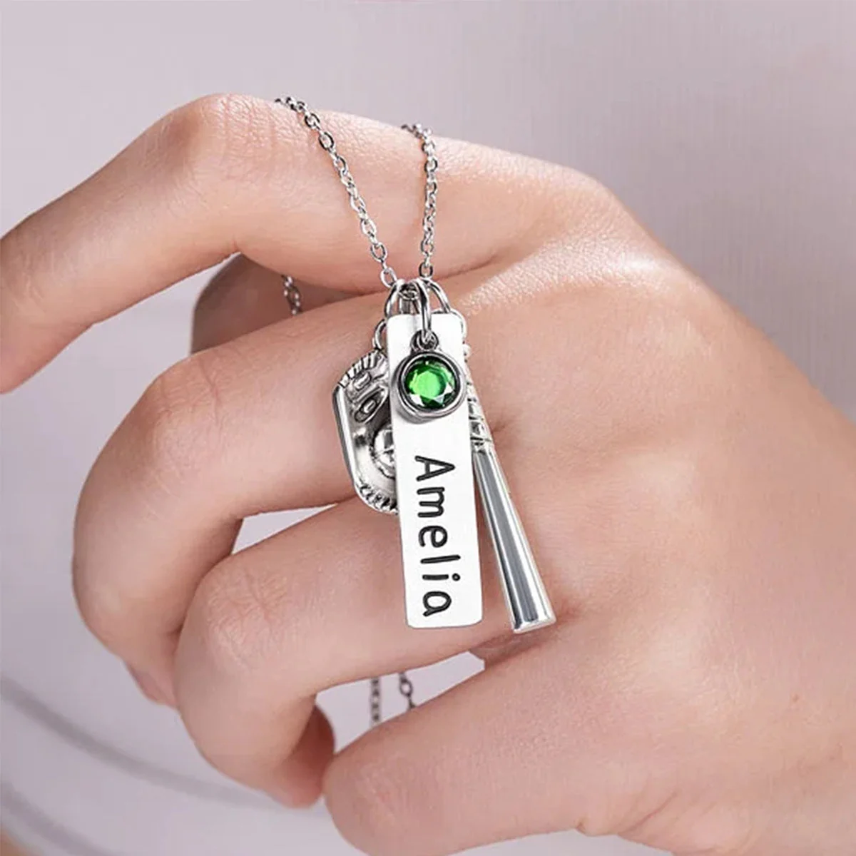 Personalized Birthstone Softball Baseball Bat Glove Necklace with Engraved Name Game Day Team Birthday Gift for Sports Lover - Image 9