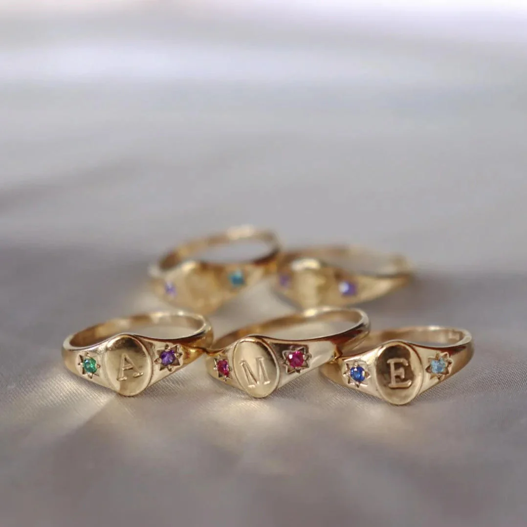 Personalized Birthstones Signet Initial Ring - Image 3
