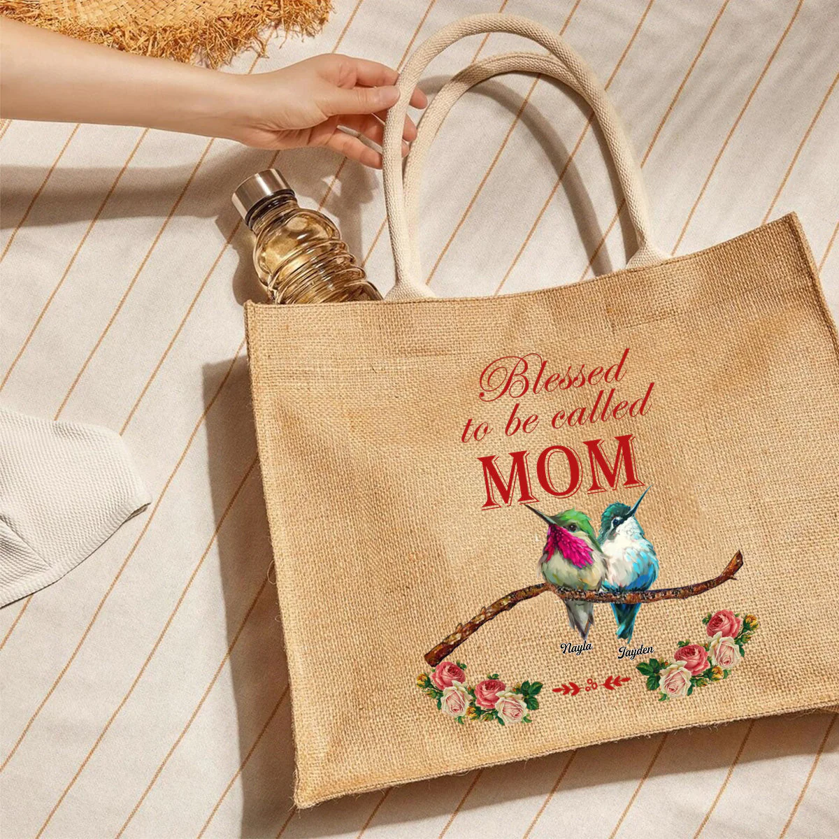 Personalized Blessed Bird Grandma Kids Flower Jute Tote Bag - Image 2