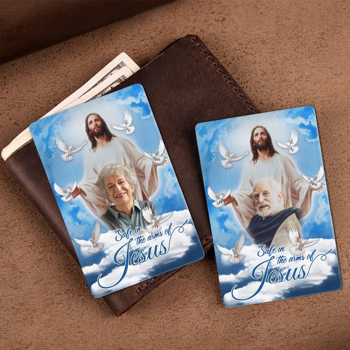 Personalized Blue Sky With Pigeon Safe In The Arms Of Jesus Memorial Wallet Card - Image 11