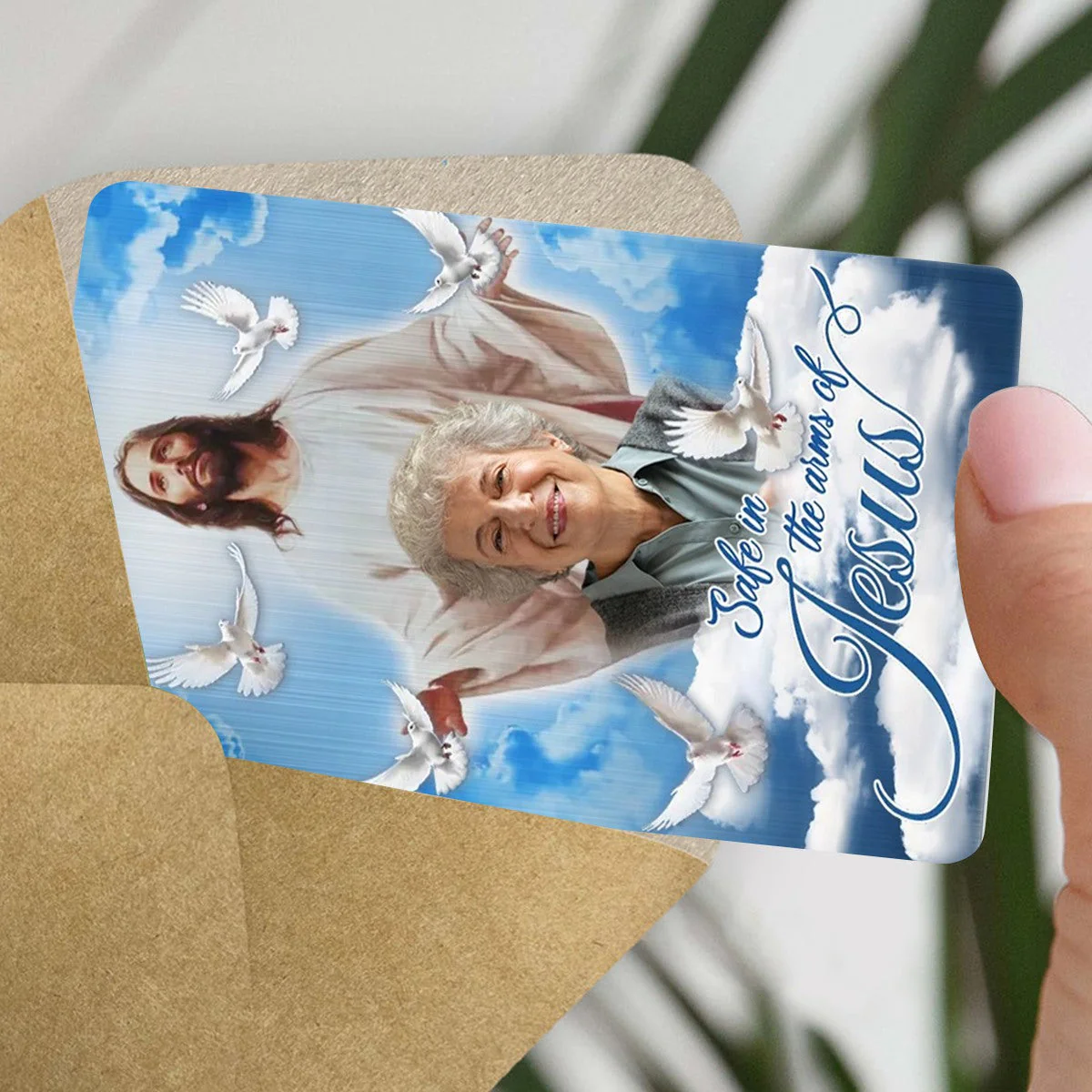 Personalized Blue Sky With Pigeon Safe In The Arms Of Jesus Memorial Wallet Card - Image 9