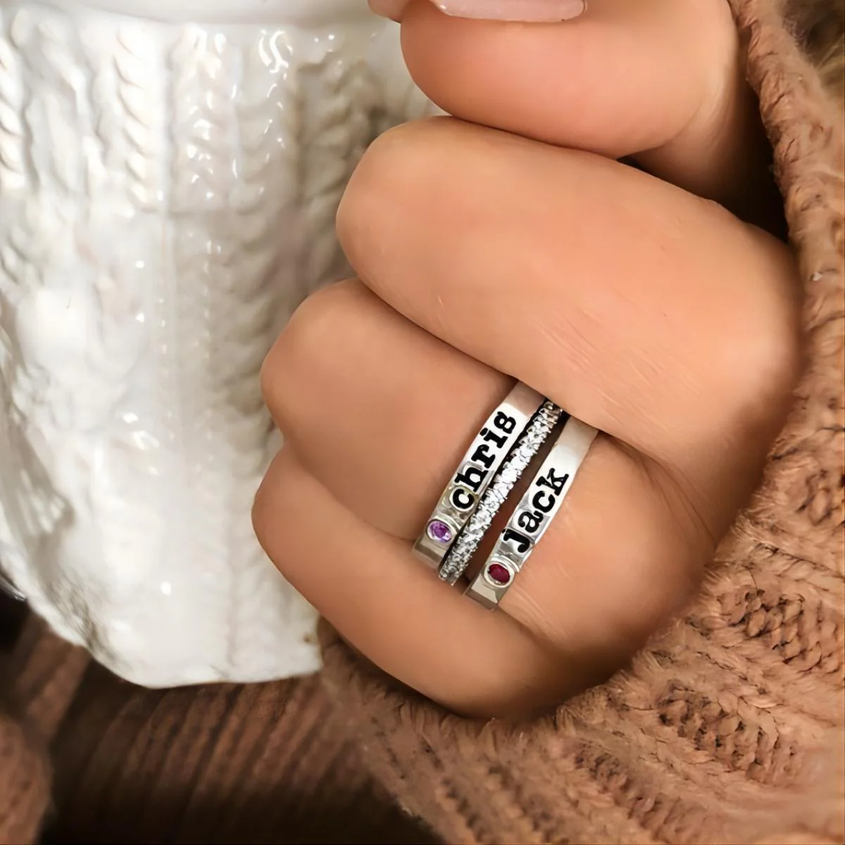 Personalized Born in Love Birthstone Name Ring Stack - Image 3
