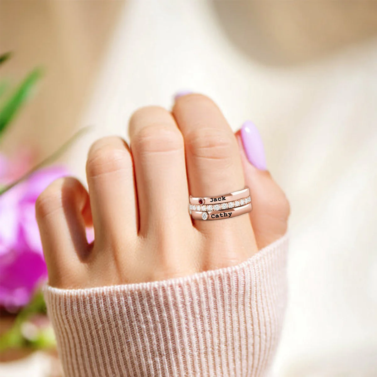 Personalized Born in Love Birthstone Name Ring Stack - Image 6