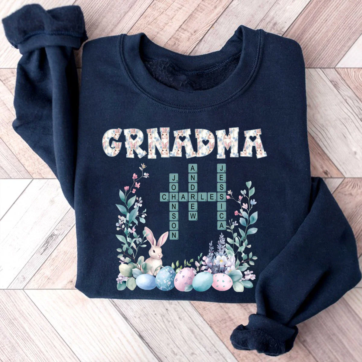 Personalized Bunny Easter Grandma Mom Kids Crossword Puzzle Sweatshirt - Image 2