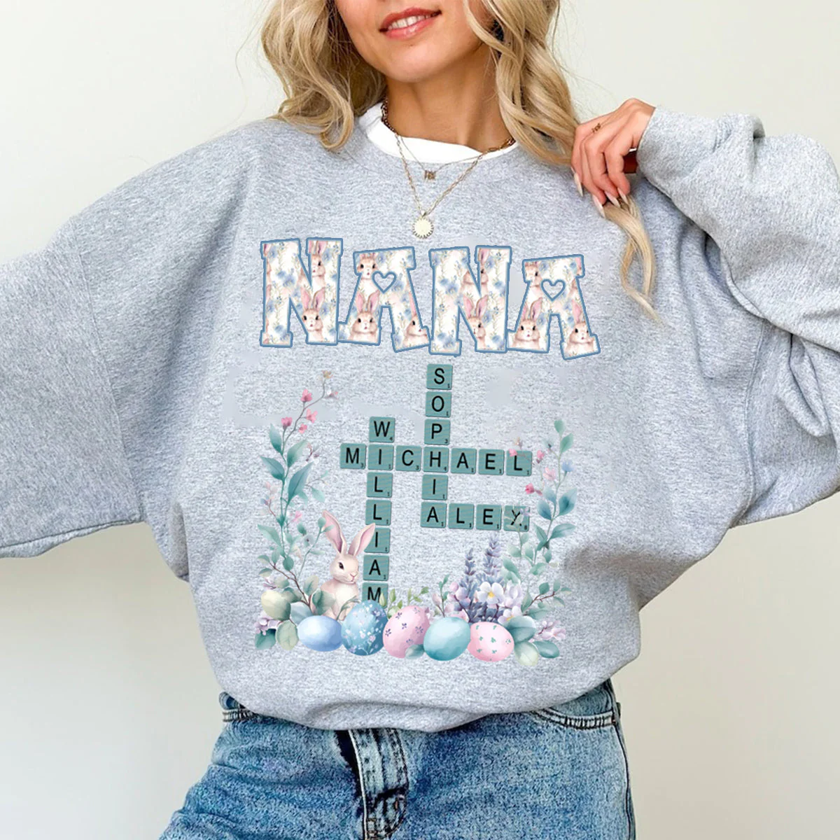 Personalized Bunny Easter Grandma Mom Kids Crossword Puzzle Sweatshirt - Image 3