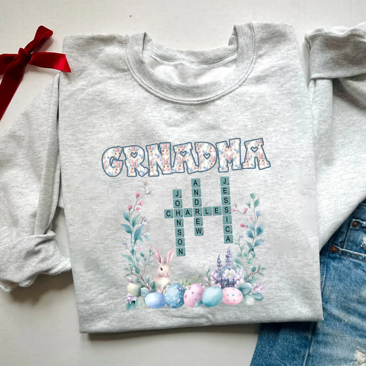 Personalized Bunny Easter Grandma Mom Kids Crossword Puzzle Sweatshirt - Image 4