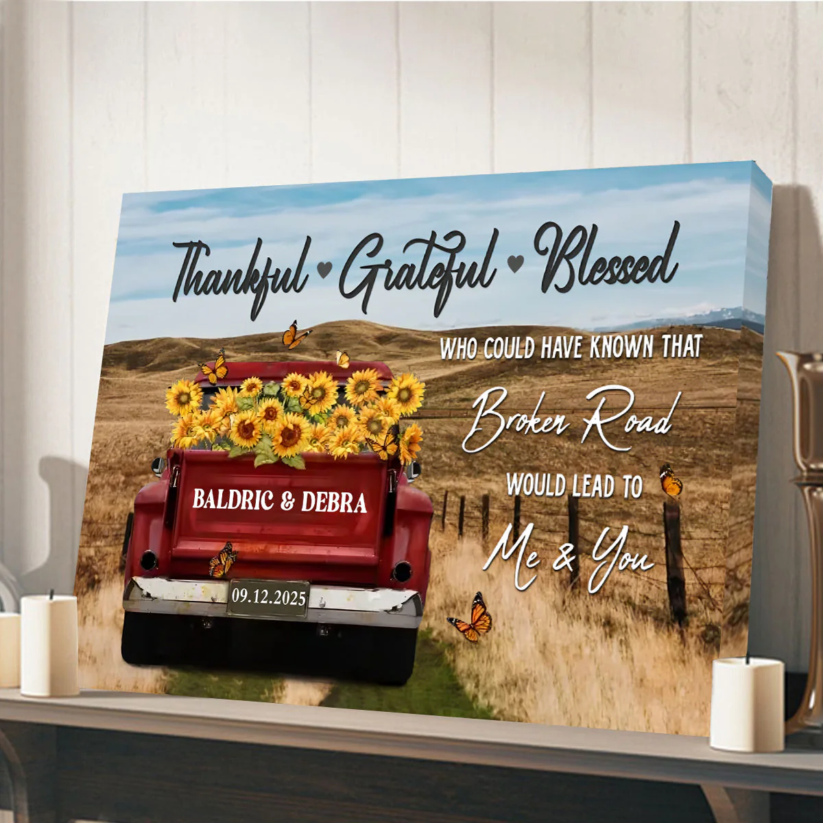 Personalized Canvas Prints - Rustic Farmhouse Red Truck, Customized Anniversary Couples Gifts, Thankful, Grateful, Blessed - Image 3