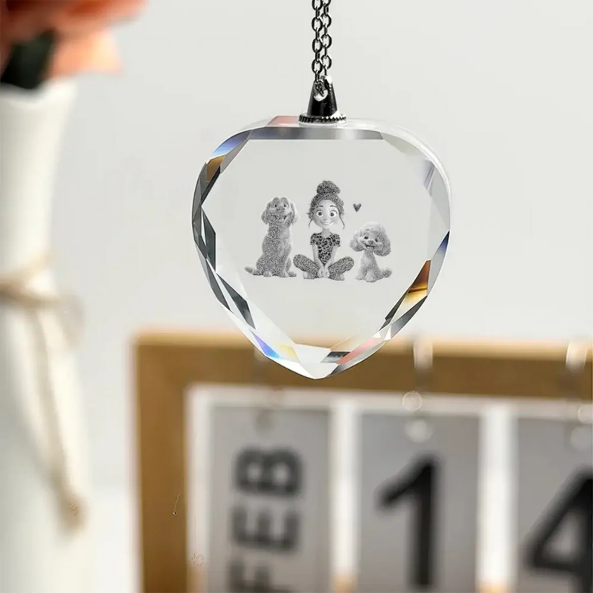 Personalized Cartoon Dog Mom as A Custom Engraved Crystal Car Ornament - Image 3