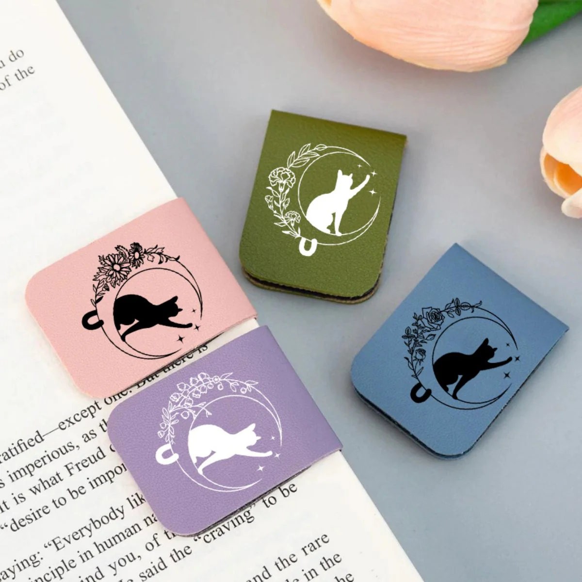 Personalized Cat Moon Birth Flower Magnetic Leather Bookmark Clip With Name - Image 10