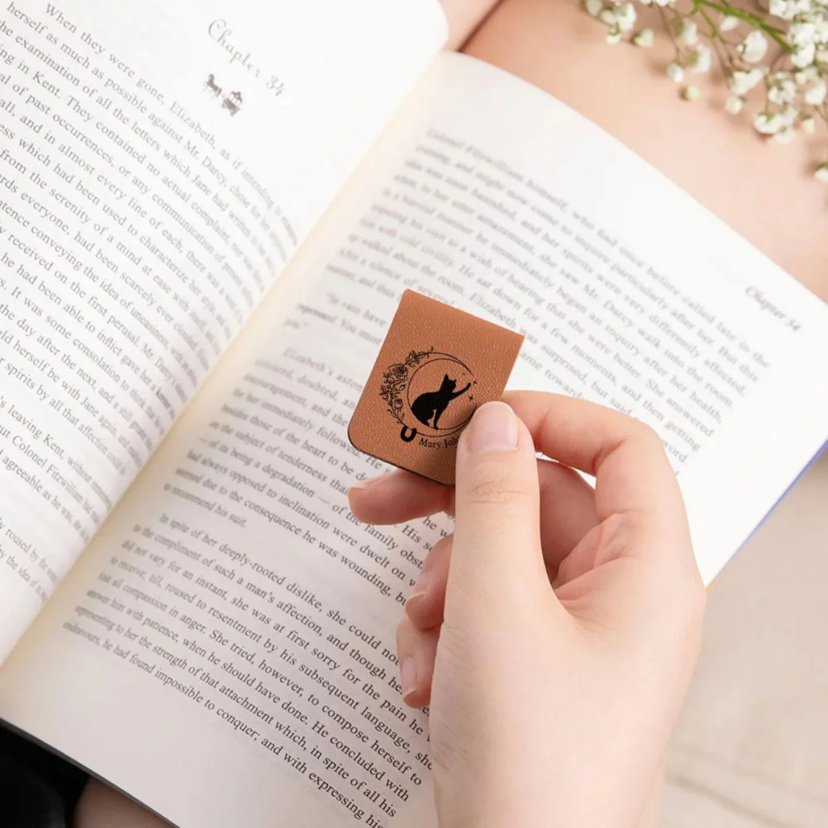 Personalized Cat Moon Birth Flower Magnetic Leather Bookmark Clip With Name - Image 11
