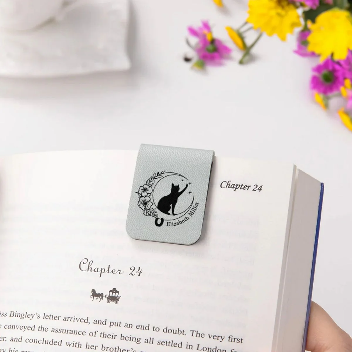Personalized Cat Moon Birth Flower Magnetic Leather Bookmark Clip With Name - Image 2