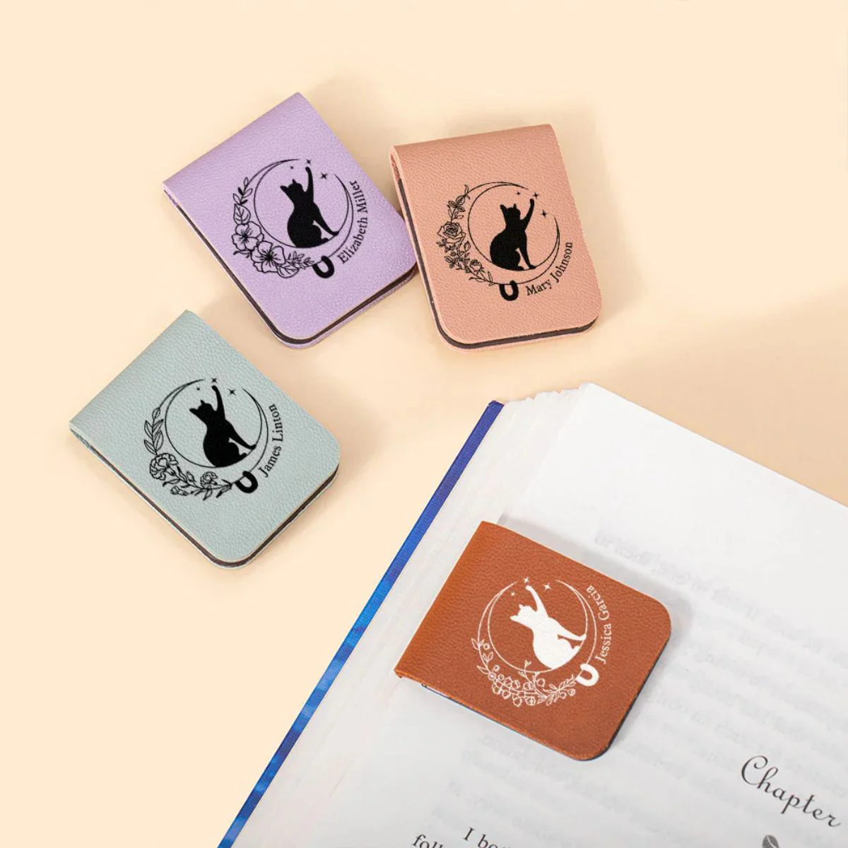 Personalized Cat Moon Birth Flower Magnetic Leather Bookmark Clip With Name - Image 3