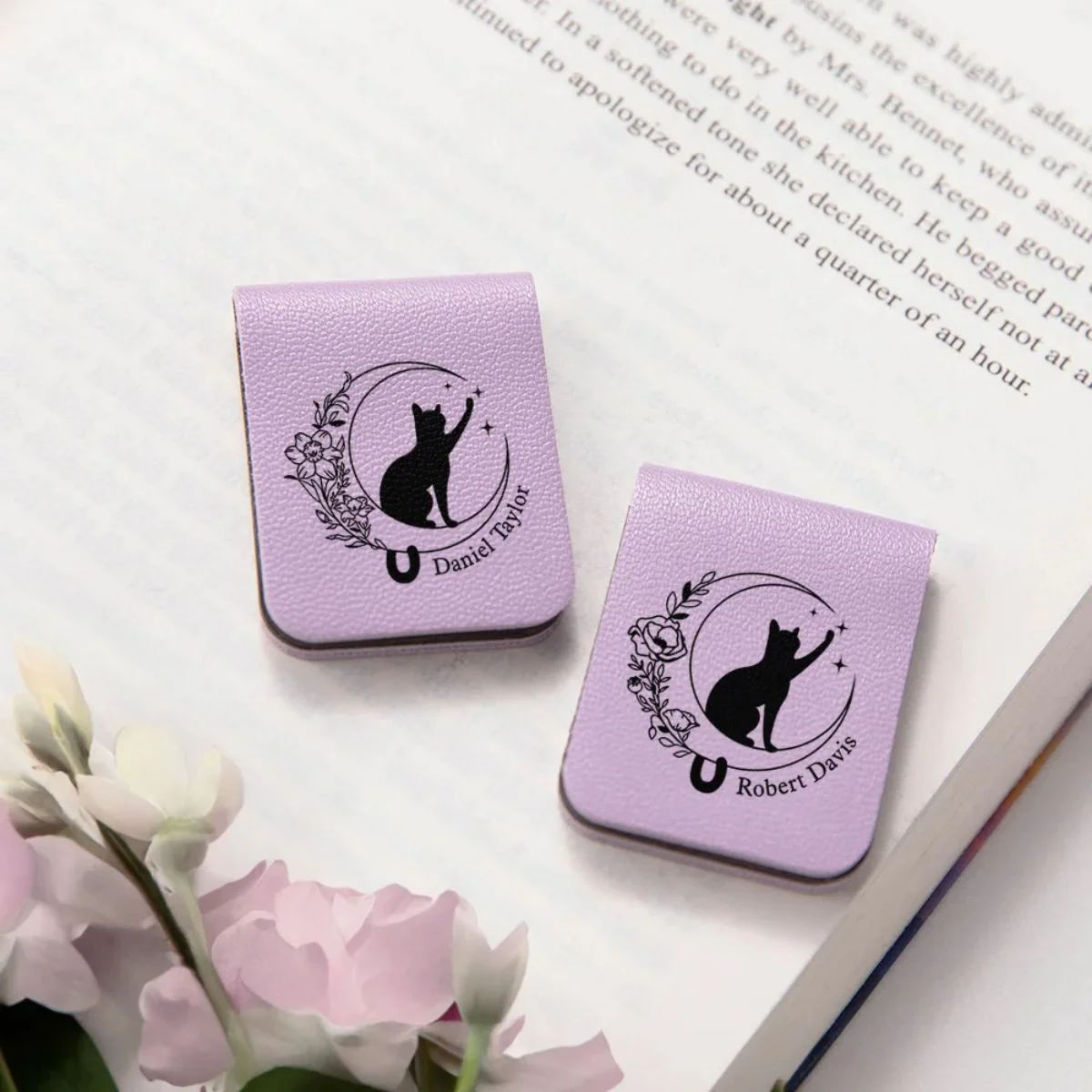 Personalized Cat Moon Birth Flower Magnetic Leather Bookmark Clip With Name - Image 4