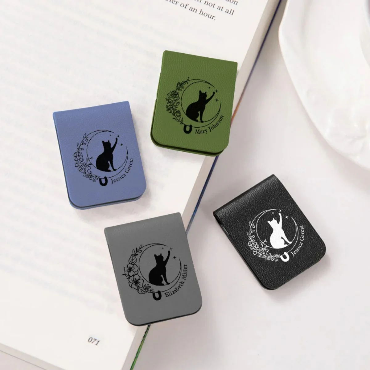 Personalized Cat Moon Birth Flower Magnetic Leather Bookmark Clip With Name - Image 5