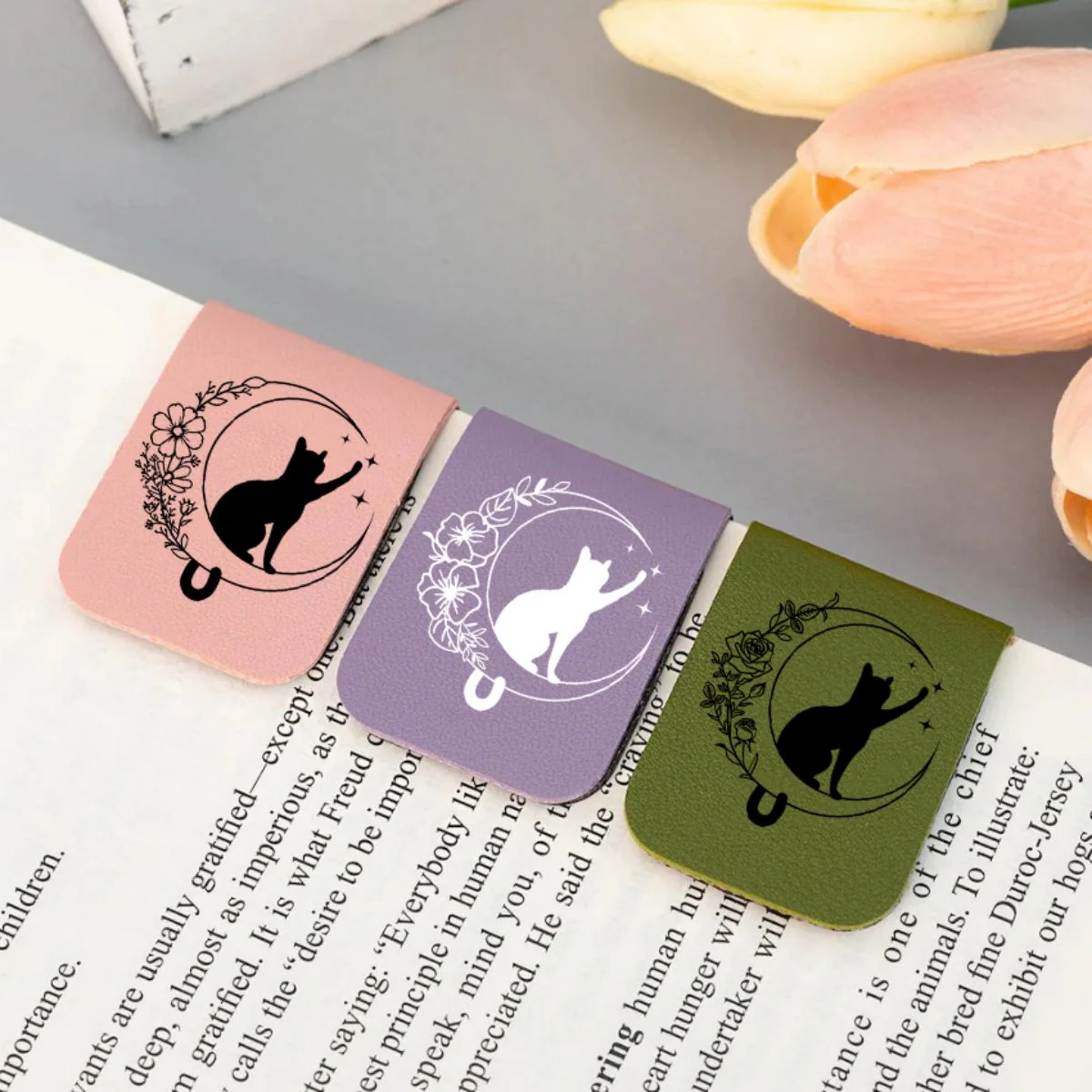 Personalized Cat Moon Birth Flower Magnetic Leather Bookmark Clip With Name - Image 6