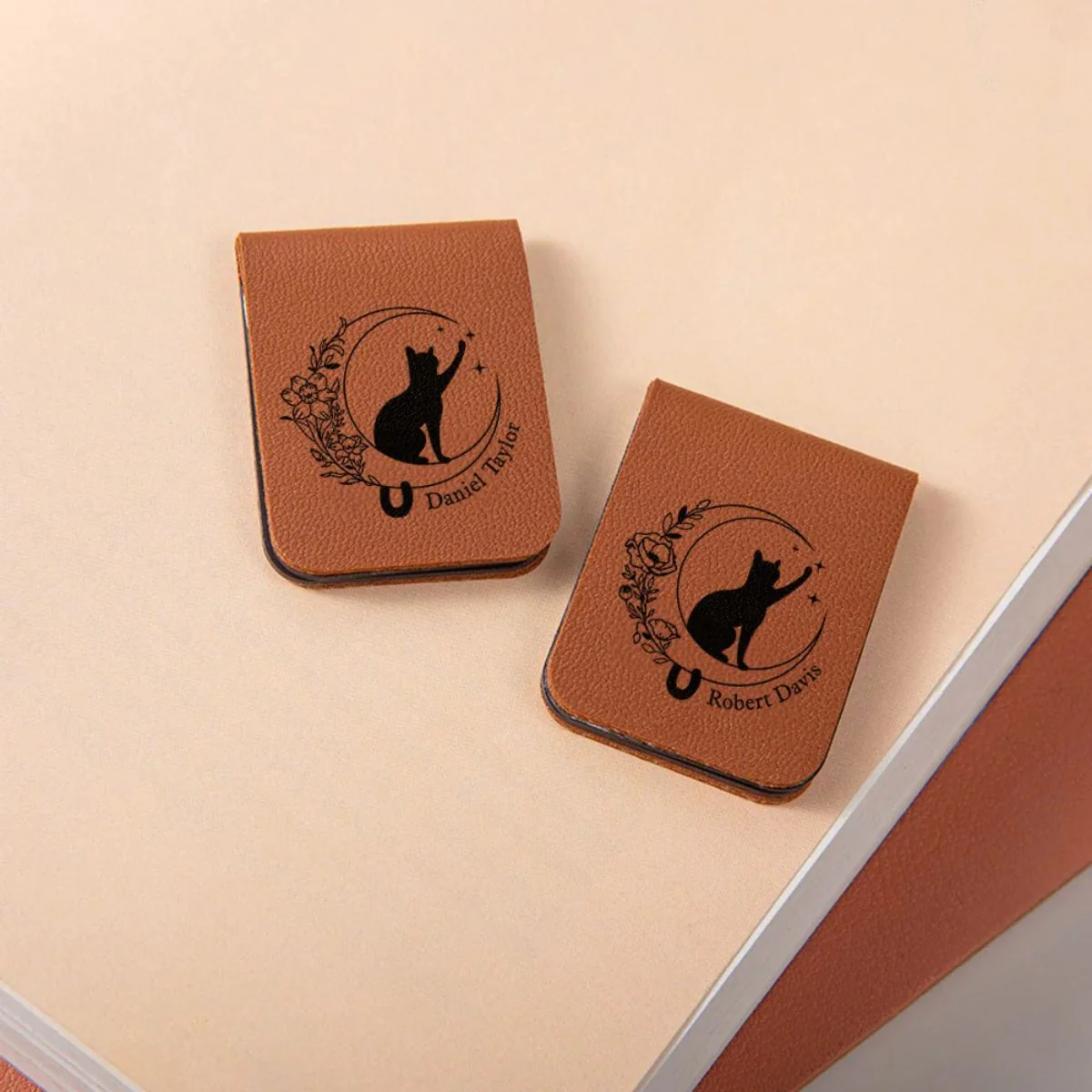 Personalized Cat Moon Birth Flower Magnetic Leather Bookmark Clip With Name - Image 8