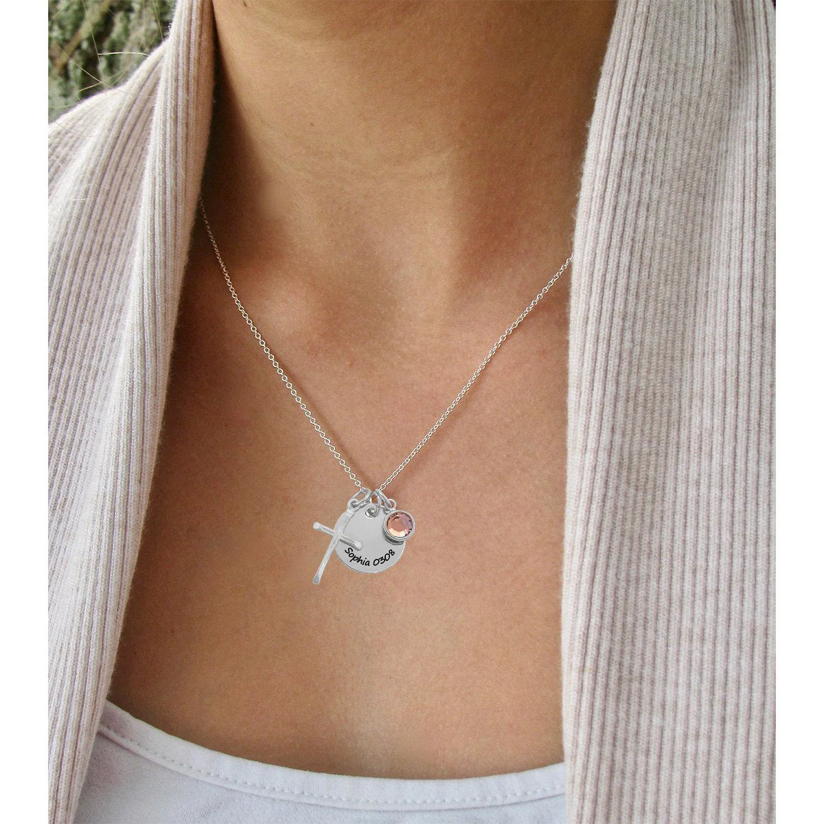 Personalized Charm and Birthstone Cross Necklace - Image 7