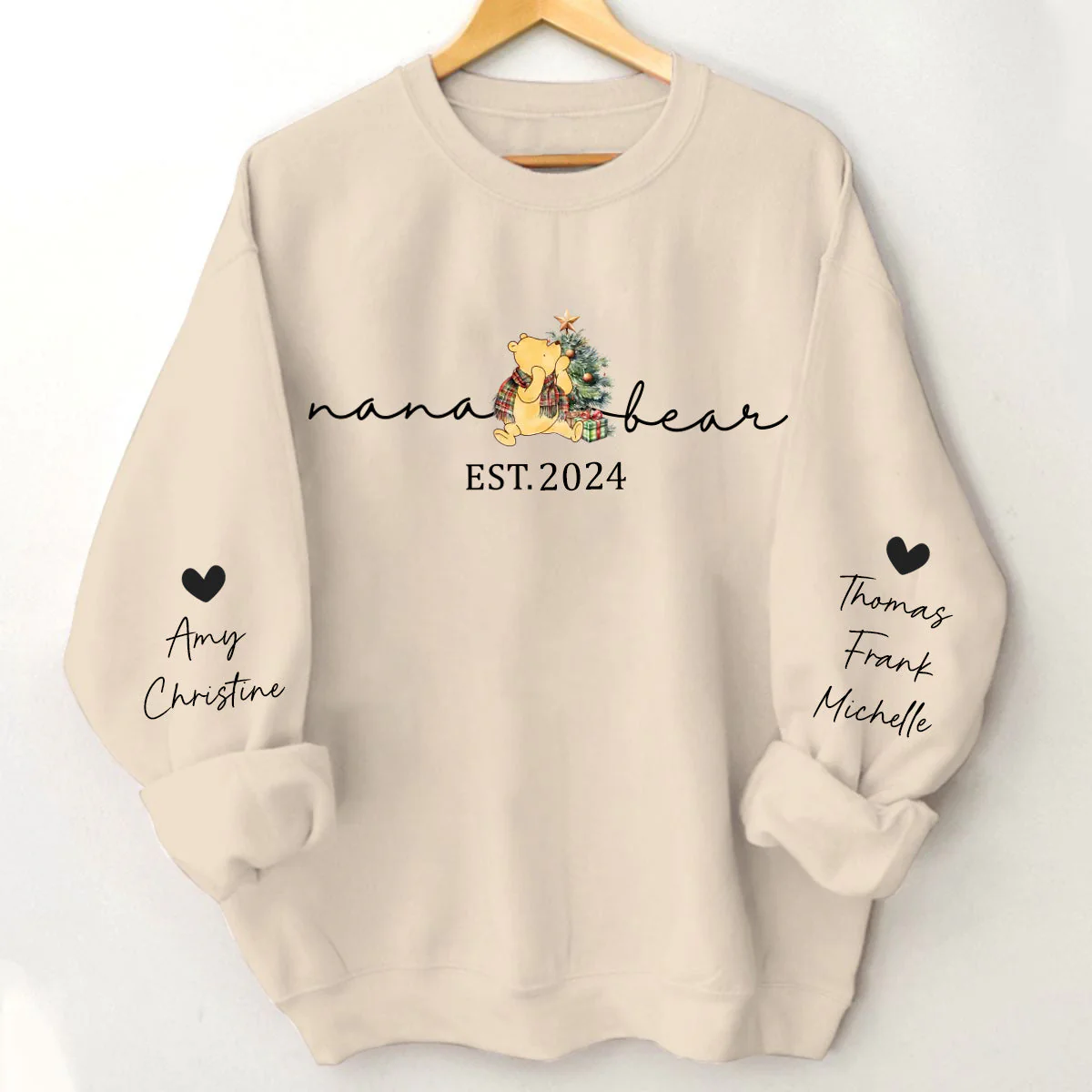 Personalized Christmas Mama Bear Est Sweatshirt with Kid Names on Sleeve