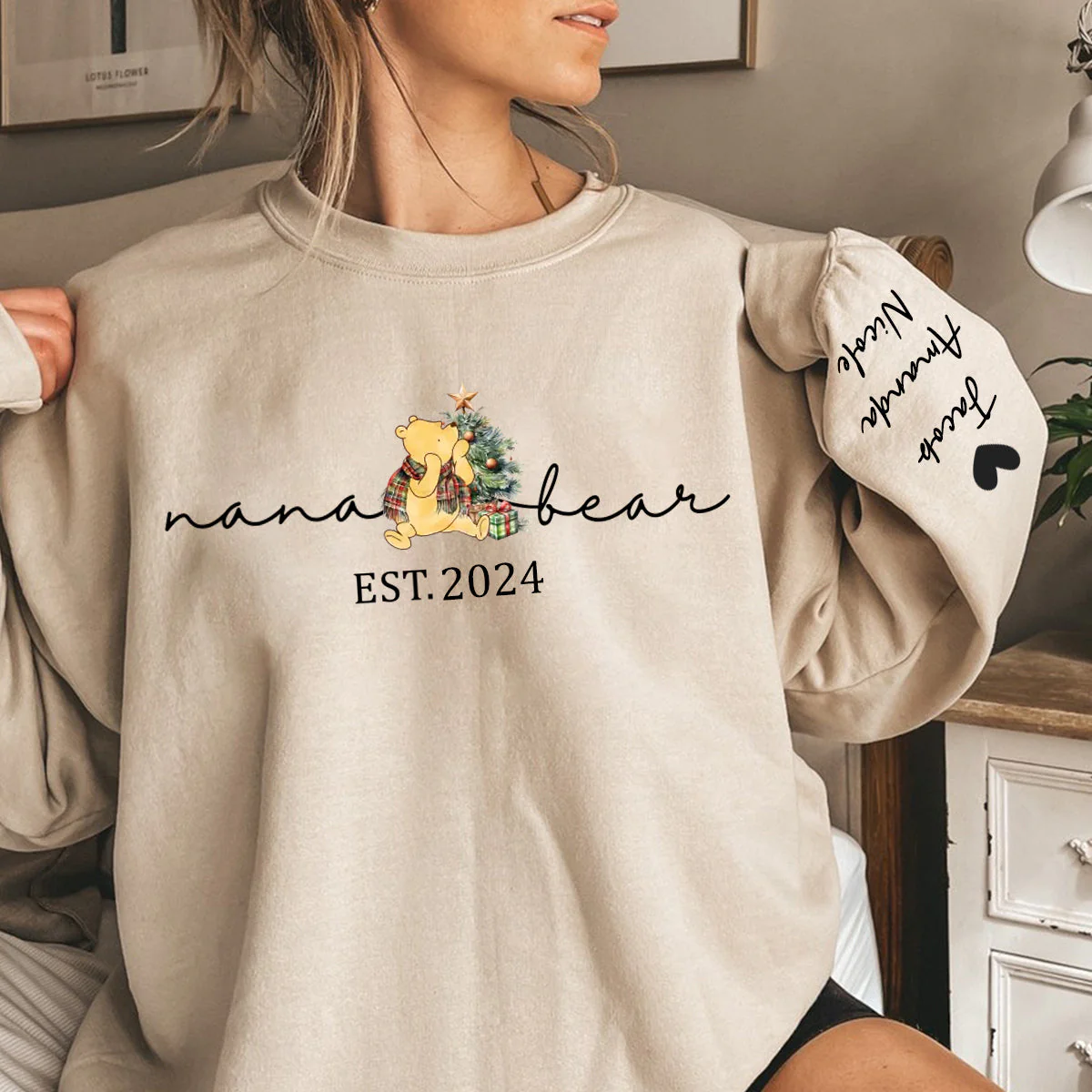 Personalized Christmas Mama Bear Est Sweatshirt with Kid Names on Sleeve - Image 3