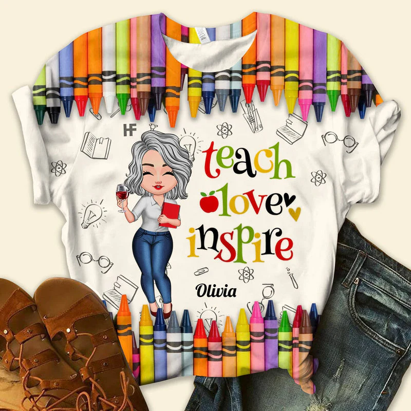 Personalized Colorful Crayon Teach Love Inspire Cute Pretty Doll Teacher 3D T-shirt - Image 2
