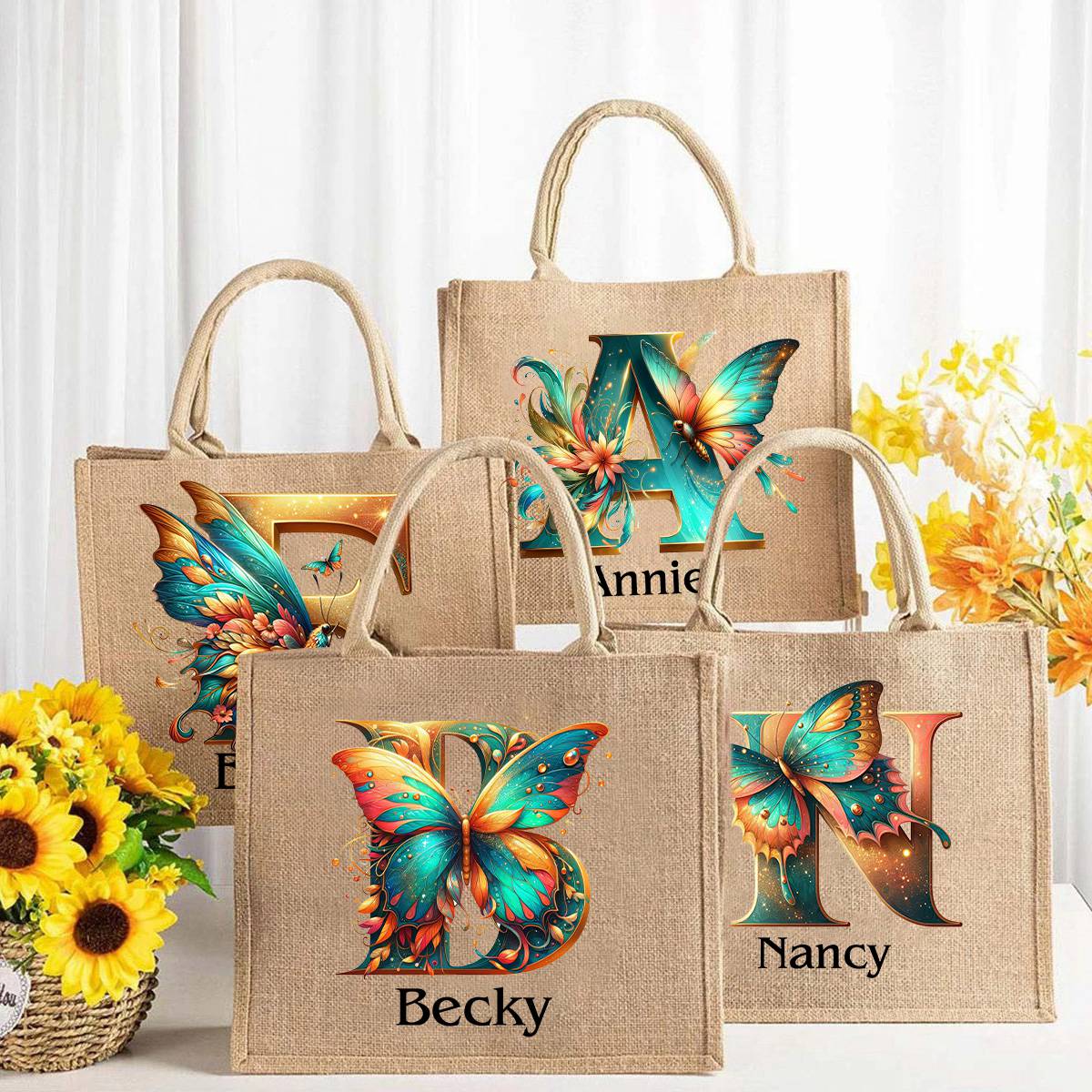 Personalized Coral Magnificent Butterfly Letter Name Jute Tote Bag - Image 2