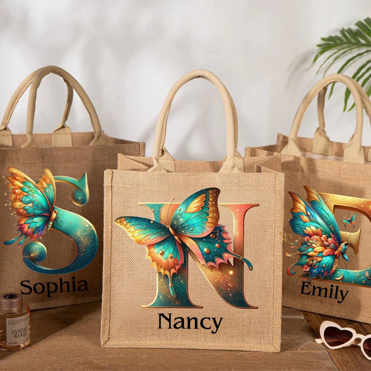 Personalized Coral Magnificent Butterfly Letter Name Jute Tote Bag - Image 3