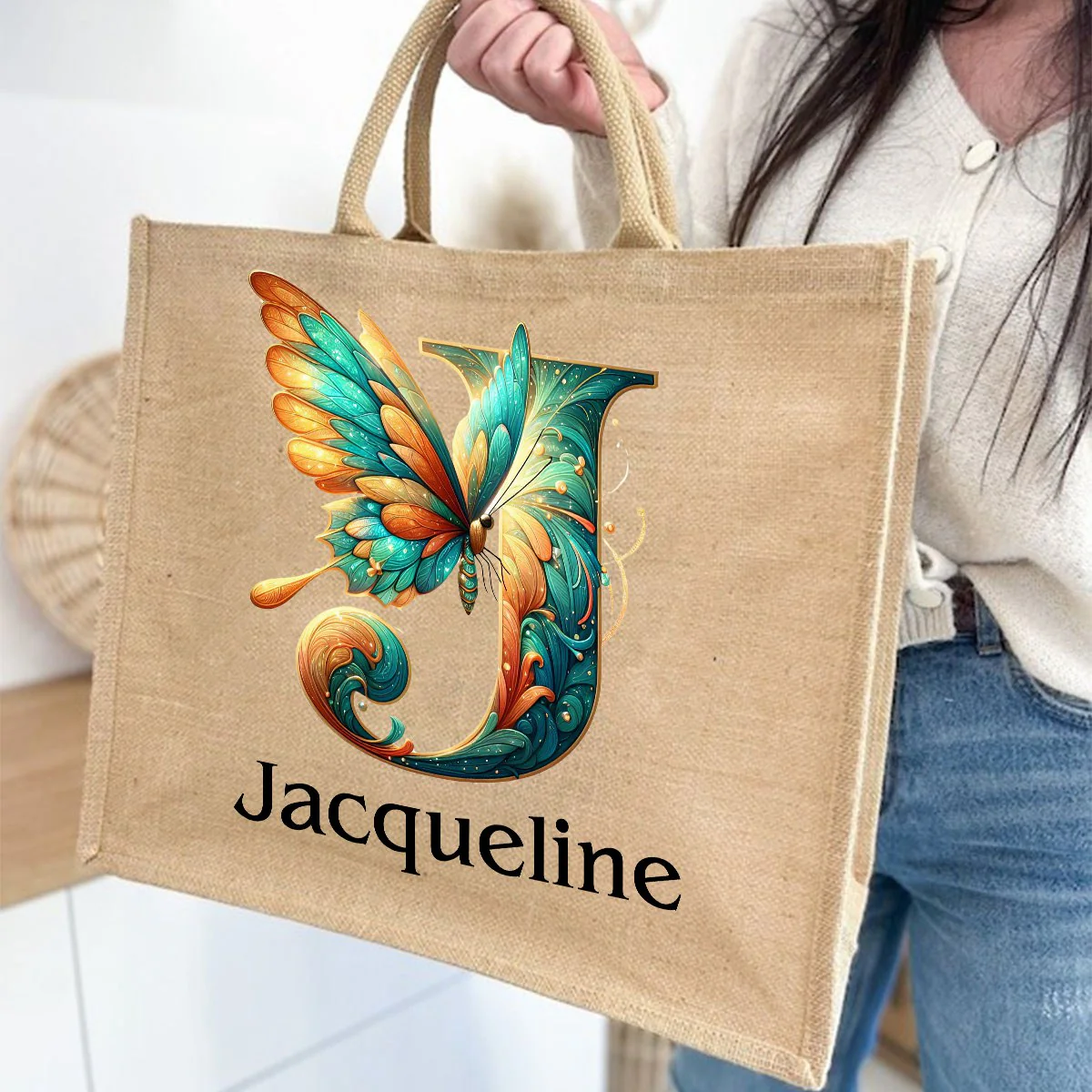 Personalized Coral Magnificent Butterfly Letter Name Jute Tote Bag - Image 4
