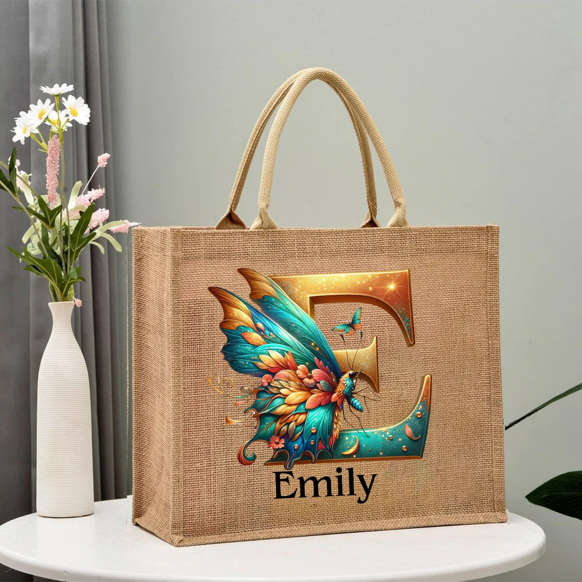 Personalized Coral Magnificent Butterfly Letter Name Jute Tote Bag - Image 5