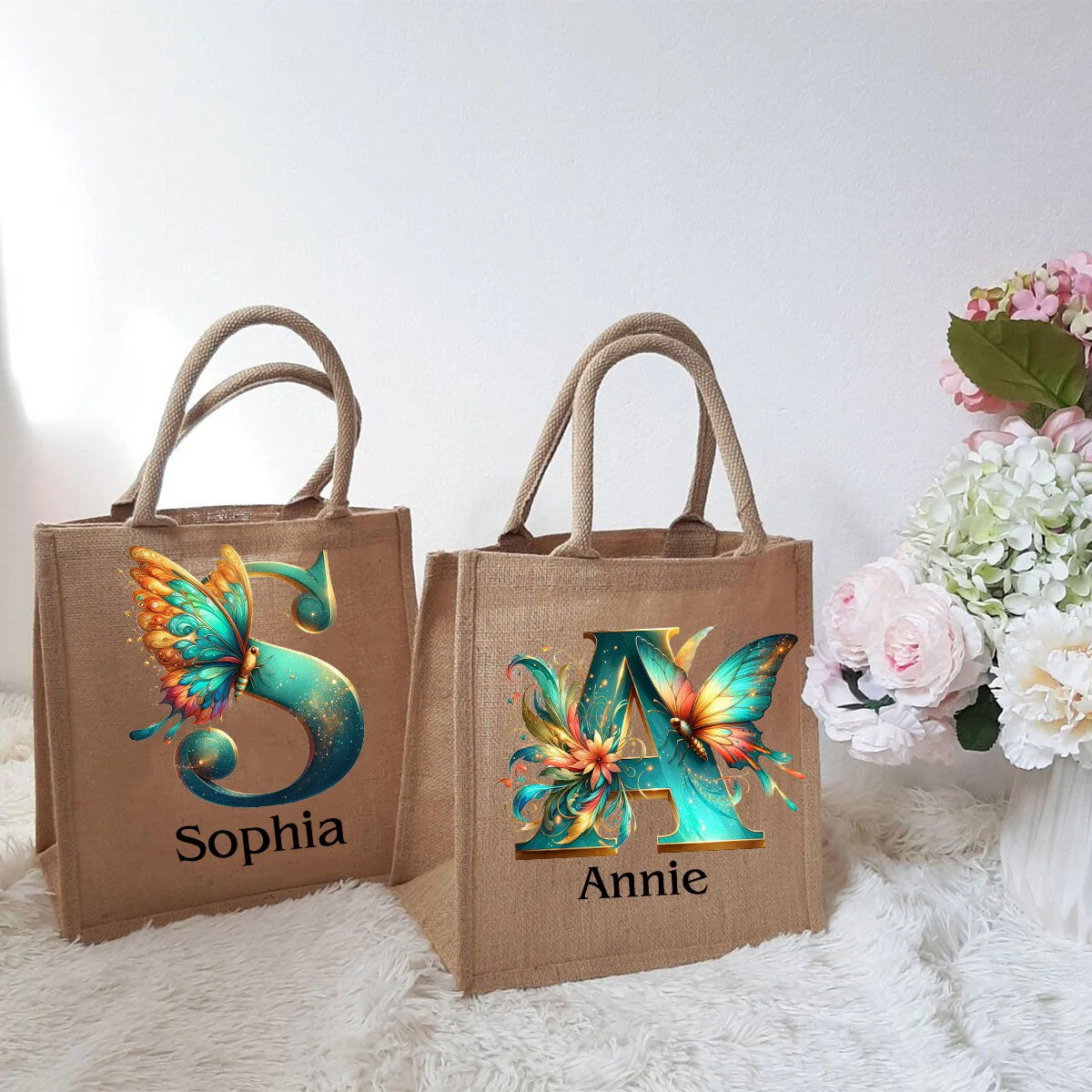 Personalized Coral Magnificent Butterfly Letter Name Jute Tote Bag - Image 7