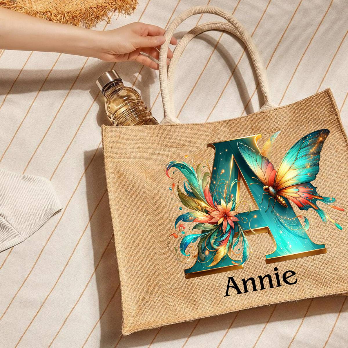 Personalized Coral Magnificent Butterfly Letter Name Jute Tote Bag - Image 9