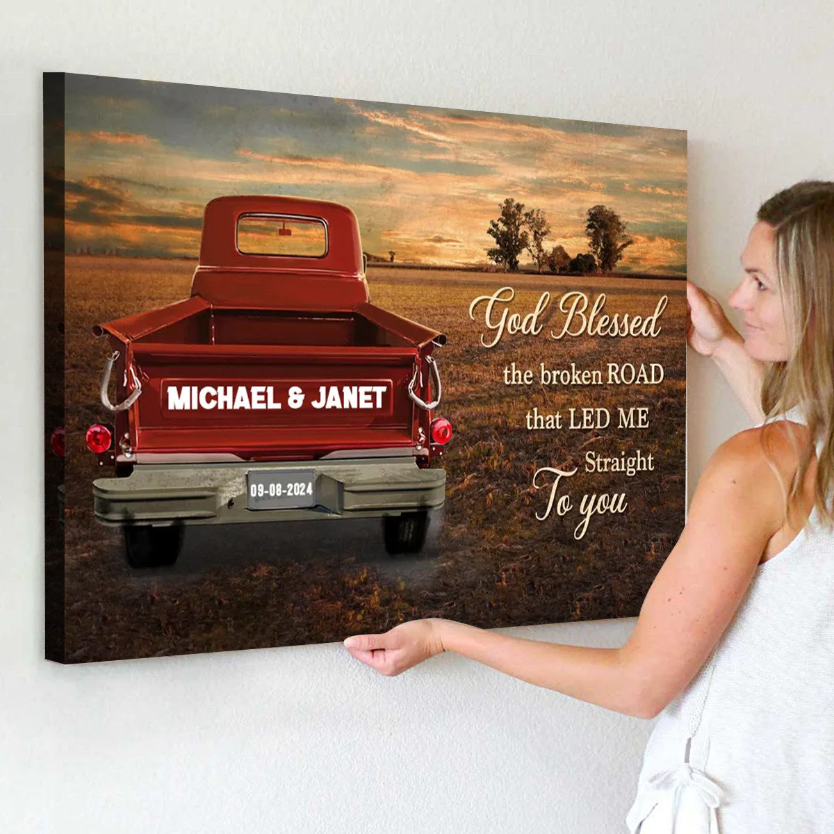 Personalized Couple Gift God Blessed The Broken Road Vintage Truck Canvas Poster - Image 2