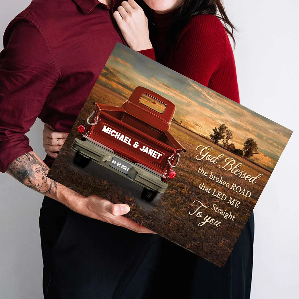 Personalized Couple Gift God Blessed The Broken Road Vintage Truck Canvas Poster - Image 3