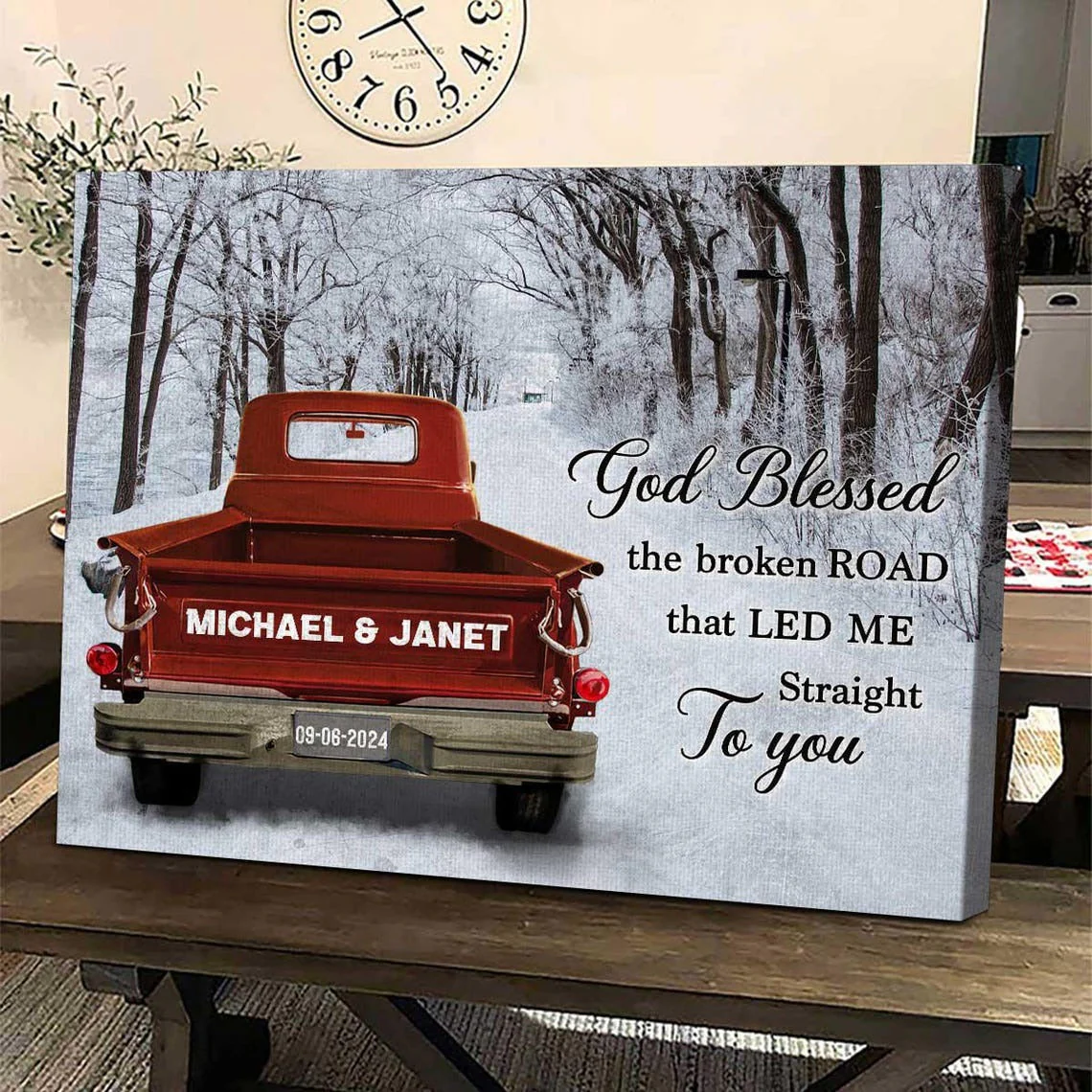 Personalized Couple Gift God Blessed The Broken Road Vintage Truck Canvas Poster - Image 5