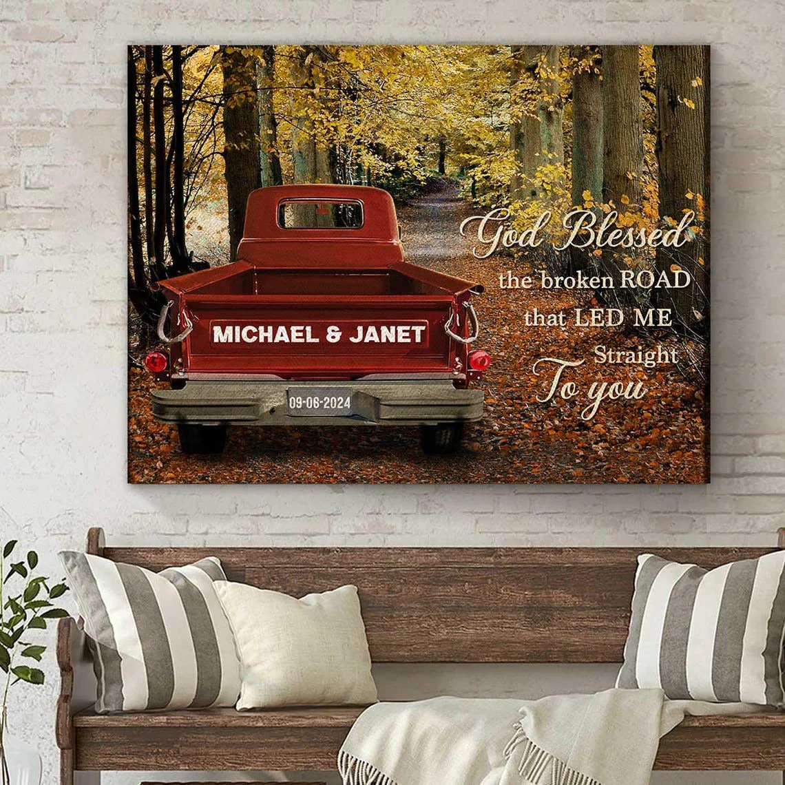 Personalized Couple Gift God Blessed The Broken Road Vintage Truck Canvas Poster - Image 6