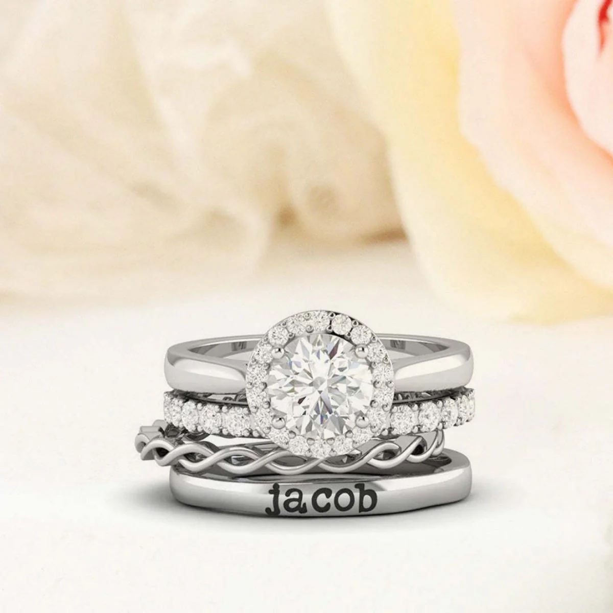 Personalized Couple Halo Engagement Ring Stack - Image 4