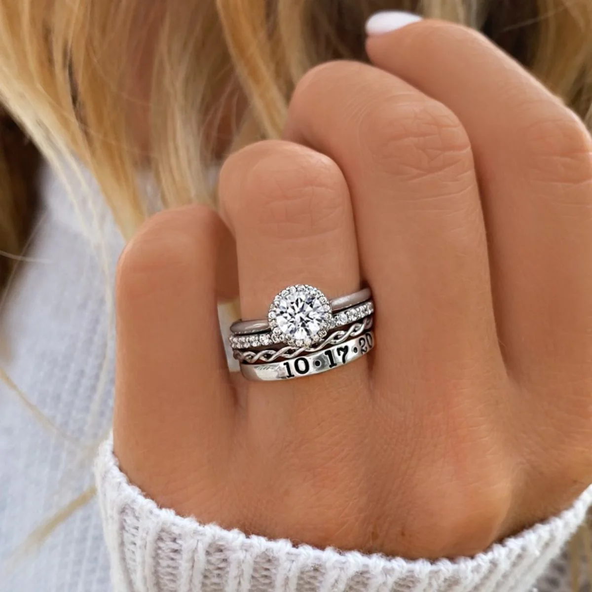 Personalized Couple Halo Engagement Ring Stack - Image 5