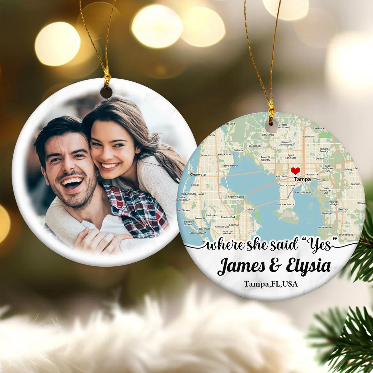 Personalized Couple Location Map Engagement Ornament - Custom Map & Photo Gift - Image 2