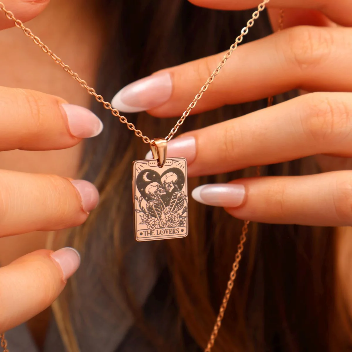 Personalized Couple Skull The Lovers Tarot Card Necklace - Image 4