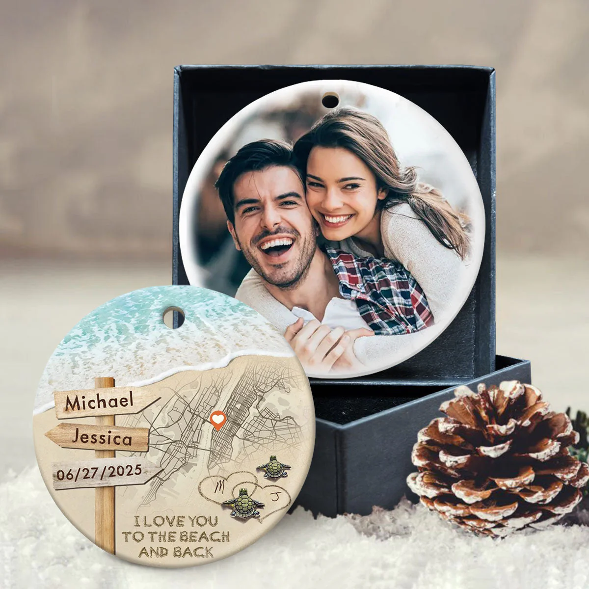 Personalized Couple Turtle City Map Ceramic Ornament - Custom Map & Photo Gift - Image 2