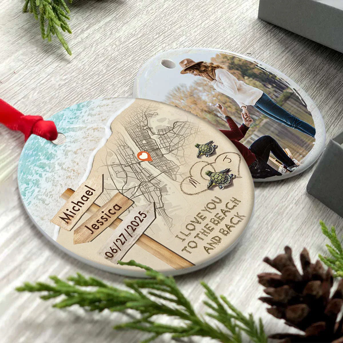 Personalized Couple Turtle City Map Ceramic Ornament - Custom Map & Photo Gift - Image 3