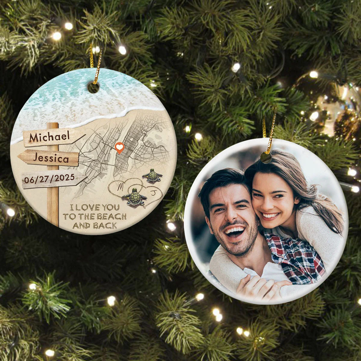 Personalized Couple Turtle City Map Ceramic Ornament - Custom Map & Photo Gift - Image 4