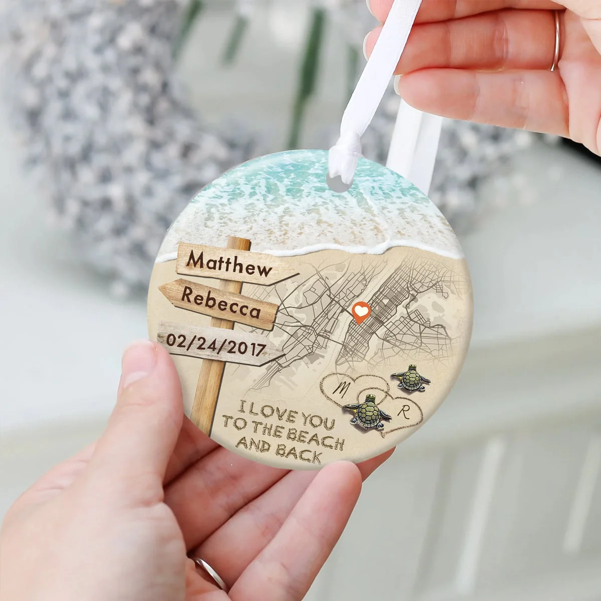 Personalized Couple Turtle City Map Ceramic Ornament - Custom Map & Photo Gift - Image 6