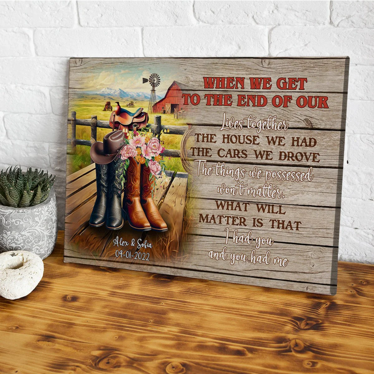 Personalized Cowboy Couple Boots on Western Farm Canvas/Poster - Image 2