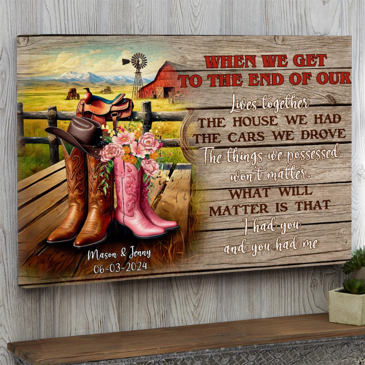 Personalized Cowboy Couple Boots on Western Farm Canvas/Poster - Image 3