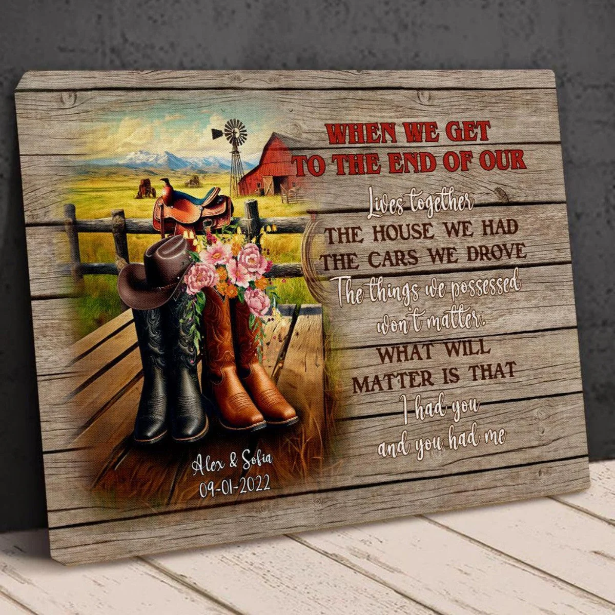 Personalized Cowboy Couple Boots on Western Farm Canvas/Poster - Image 4