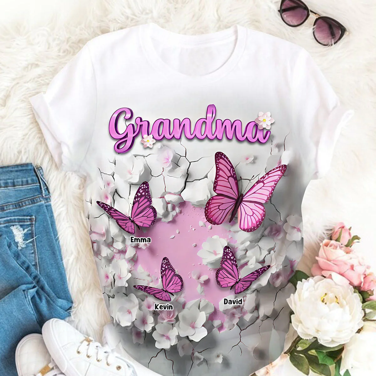 Personalized Crack In A Wall Butterfly All-over Print T Shirt Gift For Grandma - Image 4