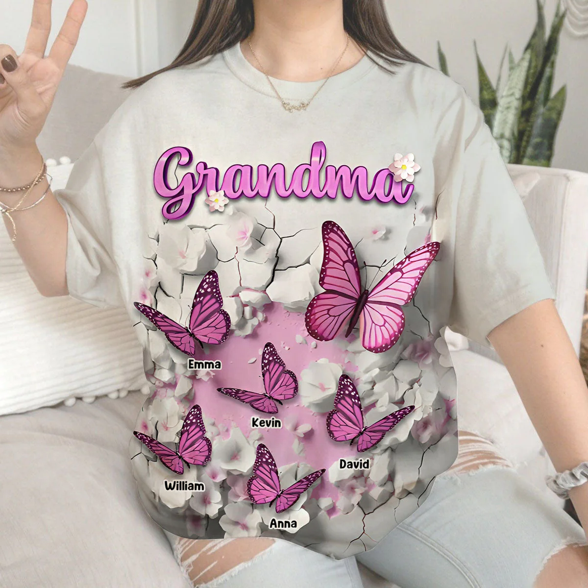 Personalized Crack In A Wall Butterfly All-over Print T Shirt Gift For Grandma - Image 5