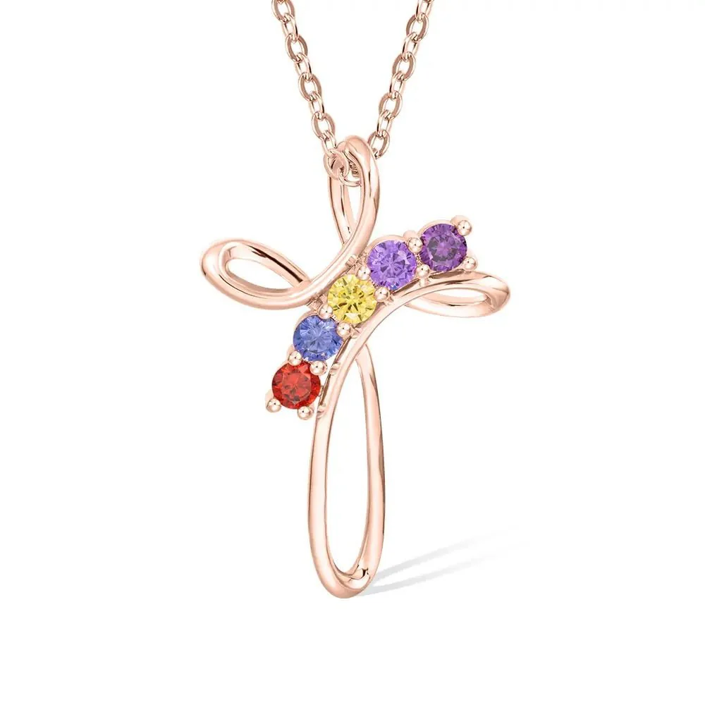 Personalized Cross Necklace with Custom Birthstones - Image 12