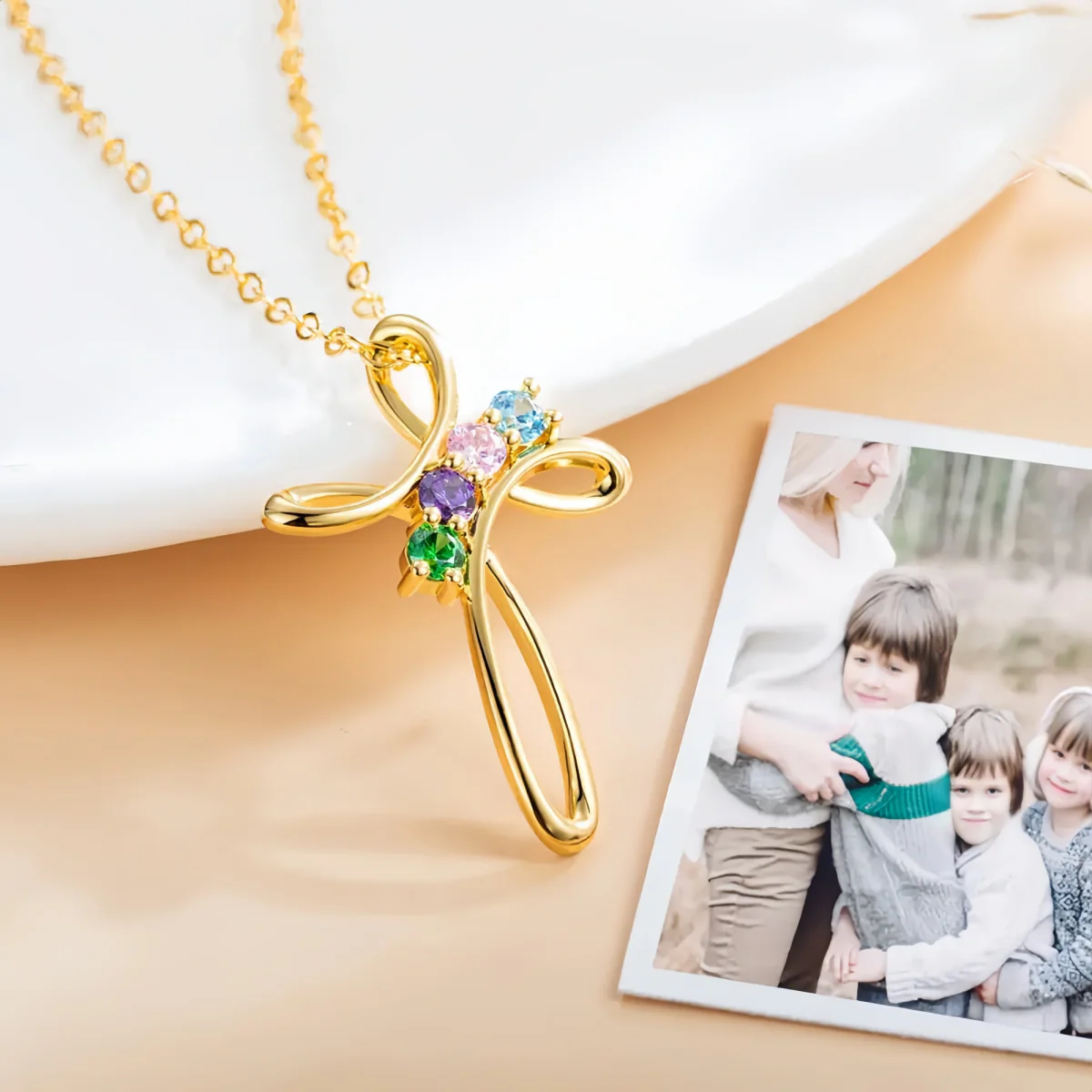 Personalized Cross Necklace with Custom Birthstones - Image 2
